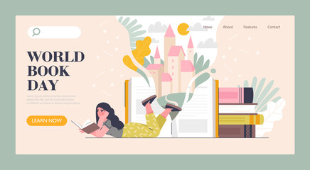 Book market, fair, or online reading concept. Smart woman reading book. World book reading or literacy day banner, web page layout. Flat cartoon vector illustration. Website, landing page template