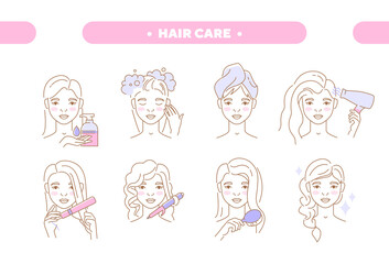 Pterry young girl taking care of her hair and making hairstyle. Woman washing, drying hair with hairdryer, straitening with iron and braiding pigtail. Set of flat cartoon outline vector illustrations