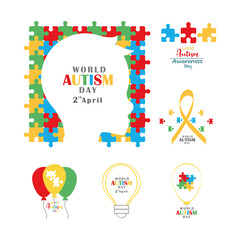 set autism awareness day head child ribbon balloon and bulb