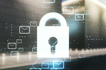 Abstract virtual lock illustration with postal envelopes on blurry contemporary office building background, cyber security and email protection concept. Multiexposure