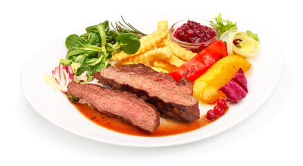 Grilled beef steak, medium rare steak, isolated on white background