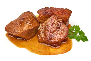 Meat stew, goulash with sauce, isolated on white background