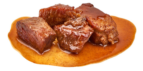 Meat stew, goulash with sauce, isolated on white background