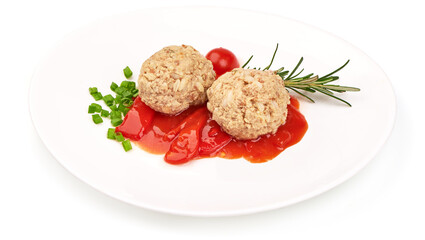 Homemade Meatballs in tomato sauce, isolated on white background