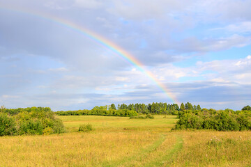 green field and part of a rainbow above it