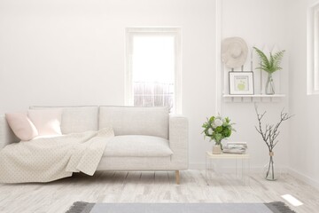 White living room with sofa. Scandinavian interior design. 3D illustration