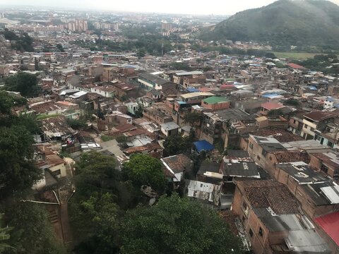 aerial view of the siloe neighborhood in the city of Cali Colombia from the cable car