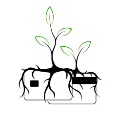 Concept of biodegradable credit card. Banking payment card that degrade in compost and can be used as plant fertilizer. Trees grow from plastic cards. Outline image on white background. Vector icon.