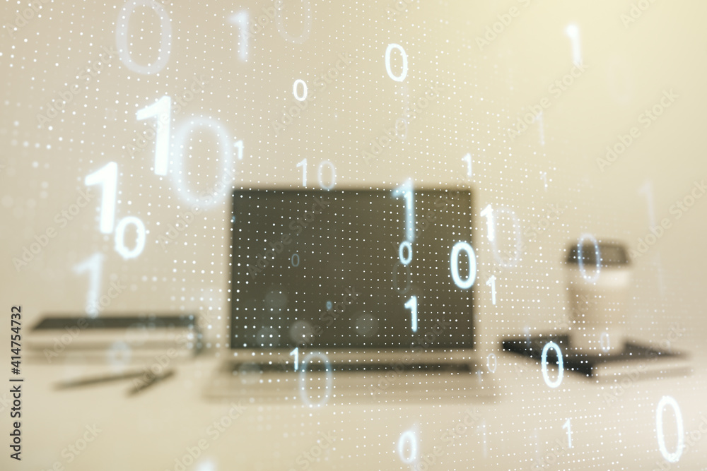 Aufkleber creative abstract binary code hologram on modern computer background, ai and machine learning concep