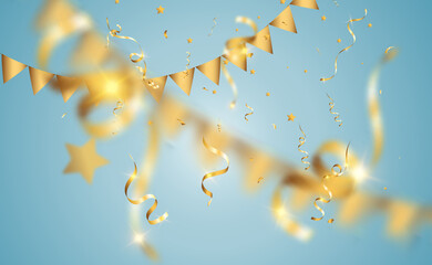 Golden confetti falls on a beautiful background. Falling streamers on stage.