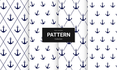 Set of  blue anchor seamless patterns on white background. Vector seamless nautical texture