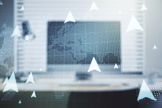 Creative abstract GPS locator sketch with world map on modern computer background, monitoring and tracking concept. Multi exposure