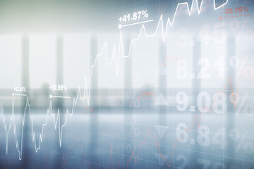 Double exposure of virtual creative financial diagram on empty room interior background, banking and accounting concept