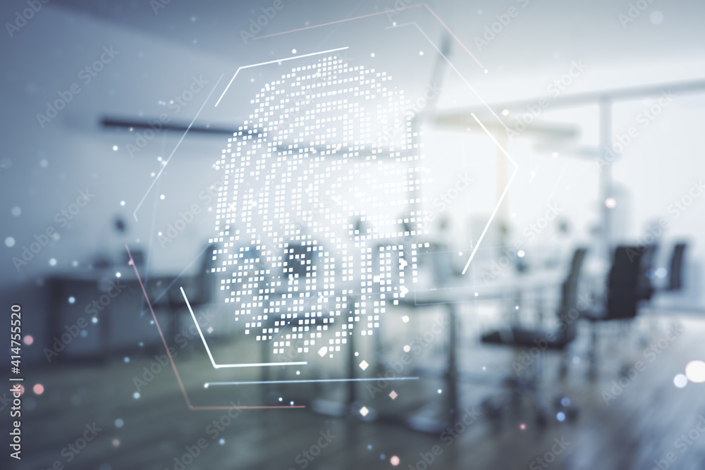 Poster multi exposure of virtual fingerprint scan interface on a modern furnished office interior backgroun