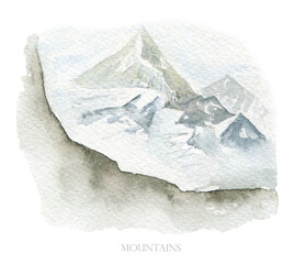 Snow mountains landscape. Watercolor white rock