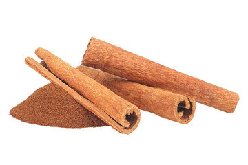 Delicious cinnamon sticks with powder isolated on a white background