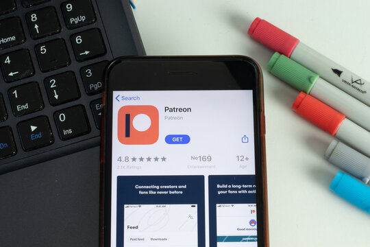 New York, USA - 17 February 2021: Patreon mobile app icon on phone screen top view, Illustrative Editorial.