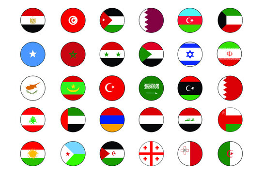 30 Middle East and North Africa Flag (MENA) Circle push button Icon Set of major countries and regions.