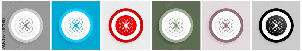 Poster drone, copter icon set, colorful flat design vector illustrations in 6 options for web design and mo