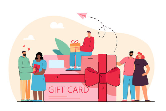Tiny people near giant gift card voucher from store flat vector illustration. Cartoon happy customers getting coupon during shopping. Discount program and retail concept