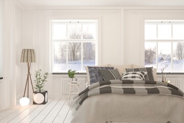 White bedroom interior. Scandinavian design. 3D illustration