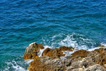 Amazing turquoise lagoon on the Adriatic sea near Rovinj old town,Istria region, Croatia, Europe. Emerald green and blue colors of Adriatic sea. Crystal clear water