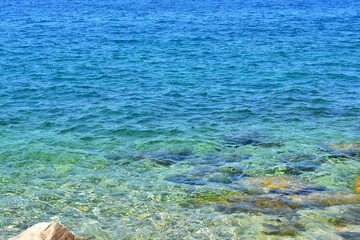 Amazing turquoise lagoon on the Adriatic sea near Rovinj old town,Istria region, Croatia, Europe. Emerald green and blue colors of Adriatic sea. Crystal clear water