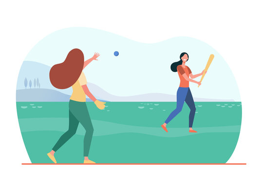 Two women playing baseball on nature. Fun, bat, ball flat vector illustration. Game activity and leisure concept for banner, website design or landing web page