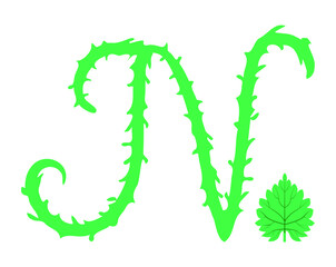 Letter N in plant style nettle stalk with hairs and nettle leaf