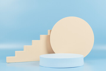 Abstract geometric pastel color product display podium on light blue background. Minimal different...