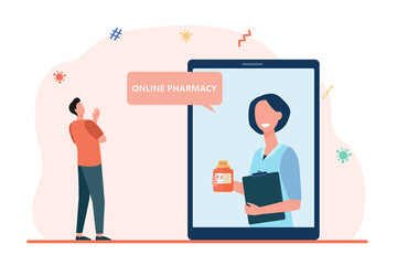 Tiny man consulting on medical drugs online. Tablet, prescription, doctor flat vector illustration. Online pharmacy and medicine concept for banner, website design or landing web page