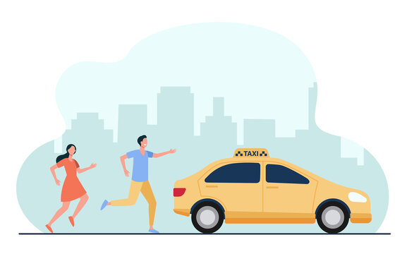 Man and woman running after taxi in hurry. Car, city, vehicle flat vector illustration. Transportation and urban lifestyle concept for banner, website design or landing web page