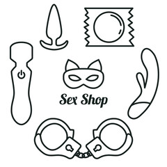 sex shop toys set, vector illustration, flat line, handcuffs, vibrator, condom, plug, mask
