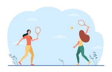 Fototapeta na wymiar Happy women playing in badminton outdoors. Friend, racket, shuttlecock flat vector illustration. Game activity and leisure concept for banner, website design or landing web page