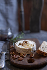 Baked on grill camembert or brie cheese with bread toasts, nuts, herbs and fruit jam with glass of red wine, textured grey rustic background, selective focus, copy space