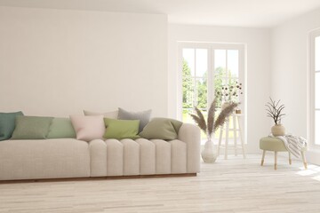 White living room with sofa. Scandinavian interior design. 3D illustration