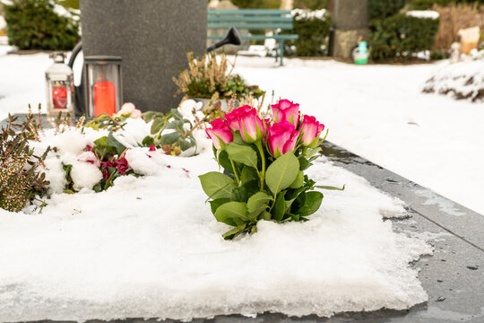 frischer Rosenstrauß steckt auf einem Grab im Schnee