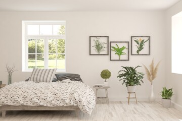 Fototapeta premium White bedroom interior. Scandinavian design. 3D illustration