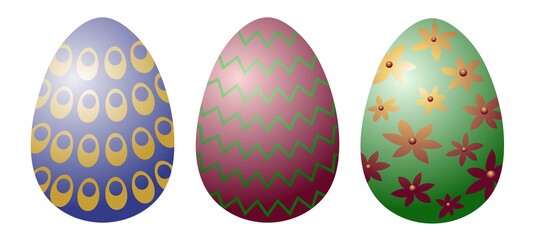 Blue, burgundy and green Easter eggs with patterns, isolated on white background. Three decorative painted vector eggs created using a gradient