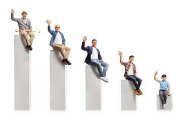 Young and elderly men sitting on a graph chart and waving at camera