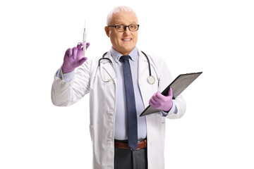 Mature male doctor showing a vaccine and holding a clipboard