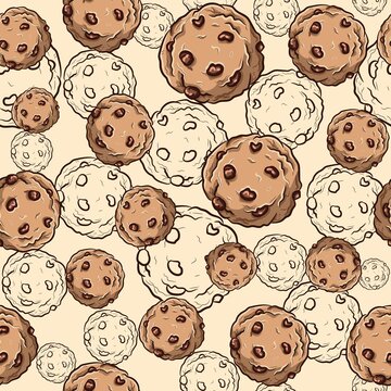 Seamless pattern with chocolate chip cookies. Repetitive background with breakfast biscuits and delicious cupcakes. 