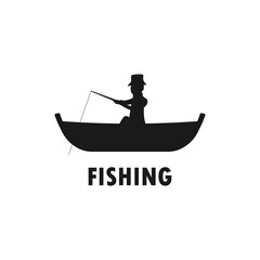 Fisherman sitting on boat holding rod silhouette. Fishing activity logo. Man catching fish icon sign or symbol. Fishery business. Outdoor recreation equipment. Human hobby. Vector illustration.