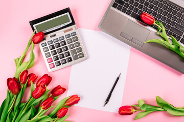 Laptop, calculator, pen, paper sheet and lush red tulips bouquet on pink background with copy...