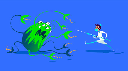 Doctor with syringe fight against virus cartoon character.