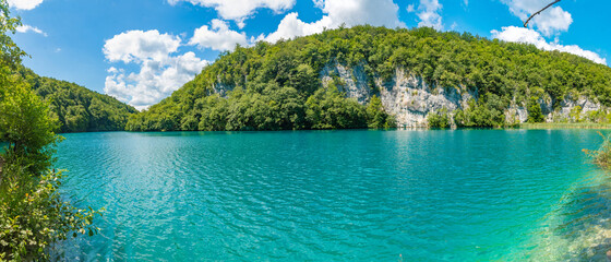 Summer sky reflected on water at Plitvice lakes national park in Croatia