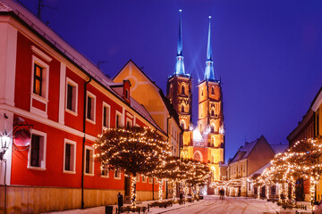 Christmas beautiful street of wroclaw with glowing trees in poland