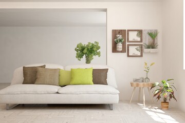 White living room with sofa. Scandinavian interior design. 3D illustration