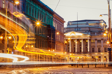 Wroclaw evening street with beautiful old buildings and transport