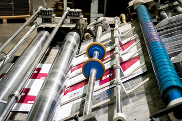 Printing at high speed on offset machine. Label, Rolled Up, Printing Out, Group of Objects,...